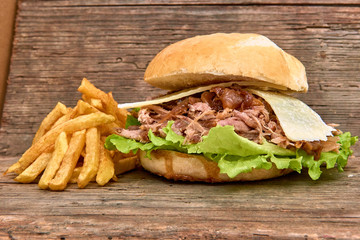 Barbeque Pulled pork Sandwich with green salad,caramelized onion,cheese,Sauce and Fries on wooden background,Fast food