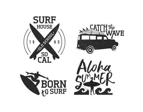 Retro summer surf label set of men surfing