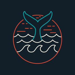 Whale icon in flat line art with ocean waves