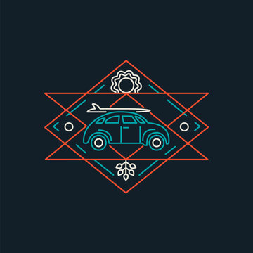 recommend clip art: Summer retro car line art icon with surf board