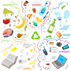 Recycling garbage elements. Sorting and Utilize food waste, metal, paper, plastic, battery, glass, organic. Ecology symbol. Segregation Separation and Industry management concept. disposal refuse bin.