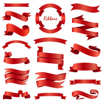 Ribbons banners, Illustration set and tape isolated on white background. red vintage details for wedding card and lettering. Decor for holiday.