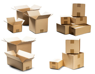 set piles of cardboard boxes on isolated white background. Parcel with empty space for your text. Pattern for delivery or post service.