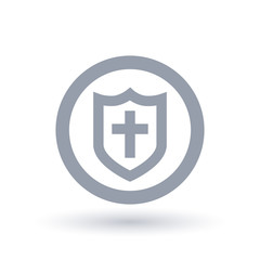 Shield of salvation icon. Armor of God symbol. Christian church faith sign with cross and protective guard in circle outline. Vector illustration.