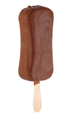 Ice cream in chocolate glaze  on a wooden stick. Sweet dessert for the summer is photographed close-up. Isolated on white background.