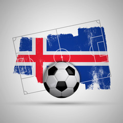 Iceland flag soccer background with grunge flag, football pitch and soccer ball