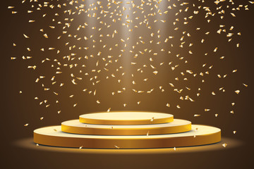 
Golden podium with a spotlight on a dark background, with candy, sparkles. First place, fame and popularity. Vector illustration
