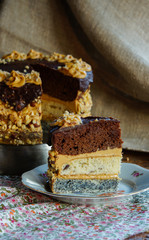 chocolate, walnuts and poppy seeds cake with butter cream 