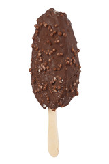 Ice cream in chocolate glaze with nuts on a wooden stick. Sweet dessert for the summer is photographed close-up. Isolated on white background.