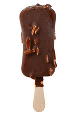 Ice cream in chocolate glaze with nuts on a wooden stick. Sweet dessert for the summer is photographed close-up. Isolated on white background.