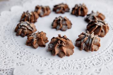 Baked cookies covered with sugar powder and chocolate stand on white serviette