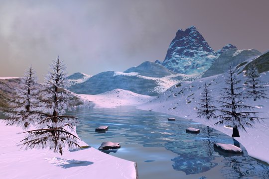 Beautiful lake, a winter landscape, snowy trees, mountains and a cloudy sky.