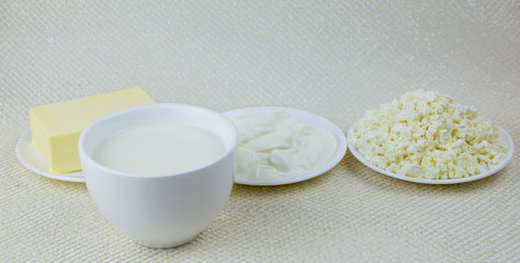 Fototapeta na wymiar A set of dairy products: milk, cottage cheese, butter on a light background.