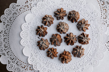 Baked cookies covered with sugar powder and chocolate served on white paper serviette