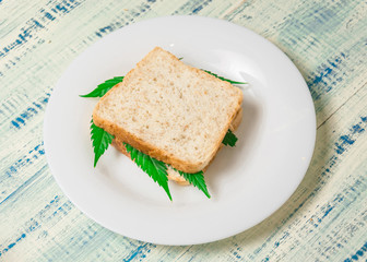 Marijuana and food. A sandwich with marijuana leaves. The use of cannabis in the manufacture of food. The concept of increasing appetite after consuming marijuana.