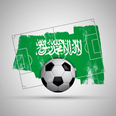 Saudi Arabia flag soccer background with grunge flag, football pitch and soccer ball