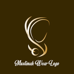 muslimah wear logo for hijab or scarf fashion product with gold colour, muslimah has mean great women with multi talent