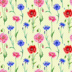 Seamless pattern of poppies and cornflowers on background polka dots, watercolor.