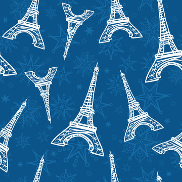 Vector Blue Eifel Towers and Flowers Seamless Repeat Pattern. Perfect for travel themed postcards, greeting cards, wedding invitations. Surface pattern design.