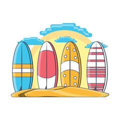 surfboards in the sand over white background, colorful design. vector illustration