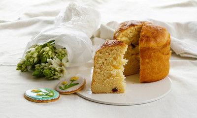 easter cake, kulich with cookies with roal icing