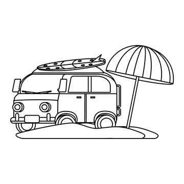surf van and parasol on the beach over white background, vector illustration