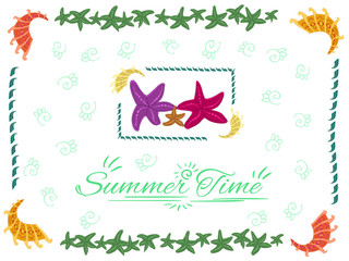 Vector summer time card with family starfishes and shells
