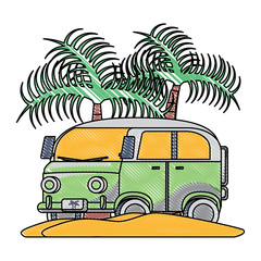 sketch of surf van on the beach with palms over white background, vector illustration