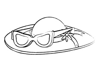 sketch of beach hat and Womens sunglasses over white background, vector illustration