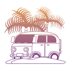 sketch of surf van on the beach with palms over white background, vector illustration