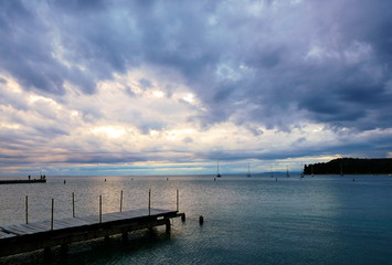 Obraz premium Sunset on the bay of Strunjan, Slovenia