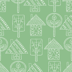 Vector hand drawn seamless pattern Decorative stylized childish trees, house Doodle style, tribal graphic illustration, line drawing cute hand drawing Series of doodle, cartoon sketch patterns