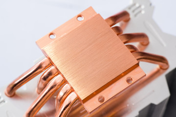 Concept of air cooling of the central processor of a computer Aluminum radiator with copper heat...