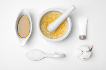 Homemade effective acne remedy and ingredients on white background
