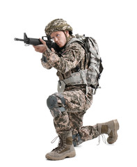Male soldier with machine gun on white background. Military service
