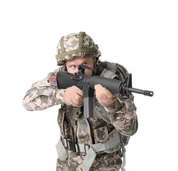 Male soldier with machine gun on white background. Military service