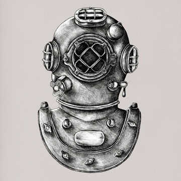 Hand drawn diving helmet isolated on background