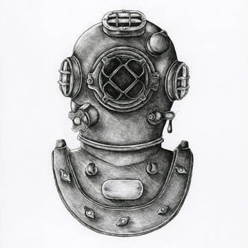 Hand drawn diving helmet isolated on background