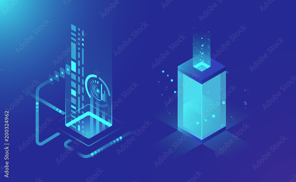 Wall mural data storage and processing, abstract technology elements, data flow, isometric server rack concept 