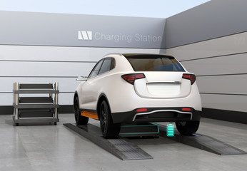 Rear view of electric SUV car exchange battery in battery swapping station. Fast battery exchange solution.  3D rendering image. - obrazy, fototapety, plakaty