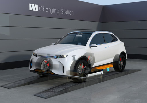 Electric SUV car exchange low battery in battery swapping station. Fast battery exchange solution.  3D rendering image.