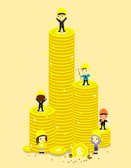 high coin tower and engineer,businessman,Crypto currency ,Cartoon Vector illustration