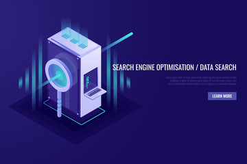 Concept of search engine optimisation and data search. Magnifying glass with server rack. 3d Isometrick style