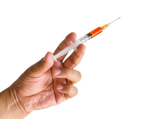 hand holding syringe with orange medicine / drug prepare for injection, isolated on white background