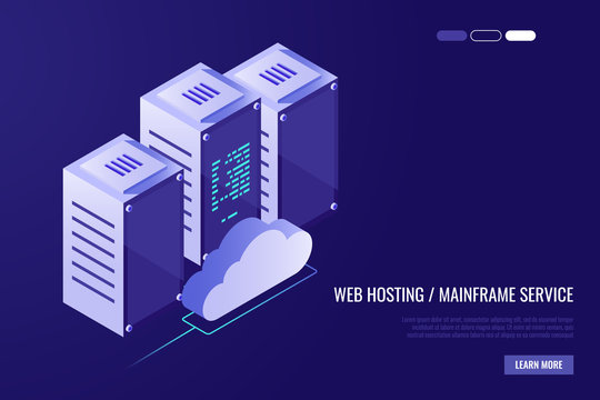 Cloud data center with hosting servers. Computer technology, network and database, internet center.Server racks with cloud in Isometric style.