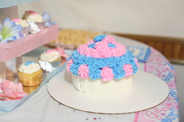 cake on table for baby reveal