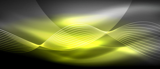 Glowing abstract wave on dark, shiny motion, magic space light. Techno abstract background