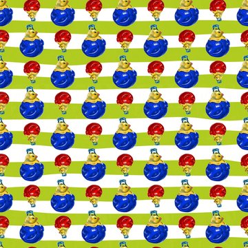 Seamless pattern with toy - roly-poly cock. Watercolor illustration toys on a white and rgeen striped background.