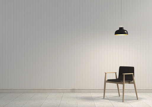 3D rendering of neutral interior with chair and lamp on empty wall background. 