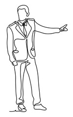 Handsome businessman pointing with finger. Continuous line drawing. Isolated on the white background. Vector monochrome, drawing by lines.